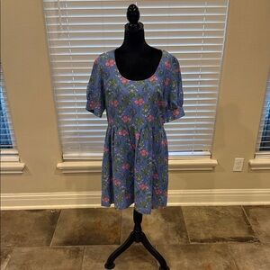 Blue Floral Scoop Neck Mini Dress